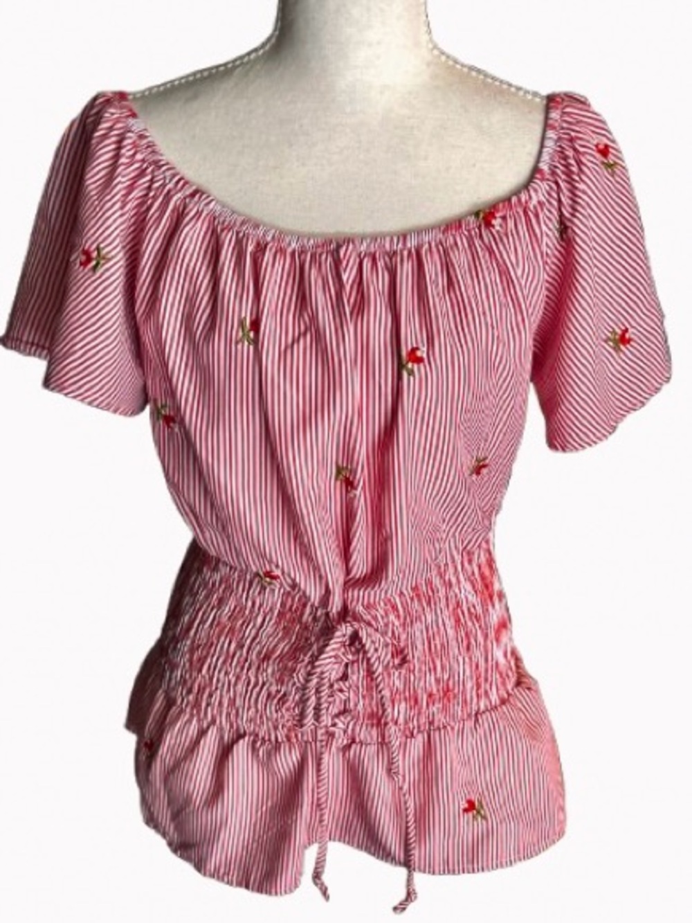 Embroidered Flowers& Stripes Corset KONTROL Top Shirt Off Shoulder Floral Boho